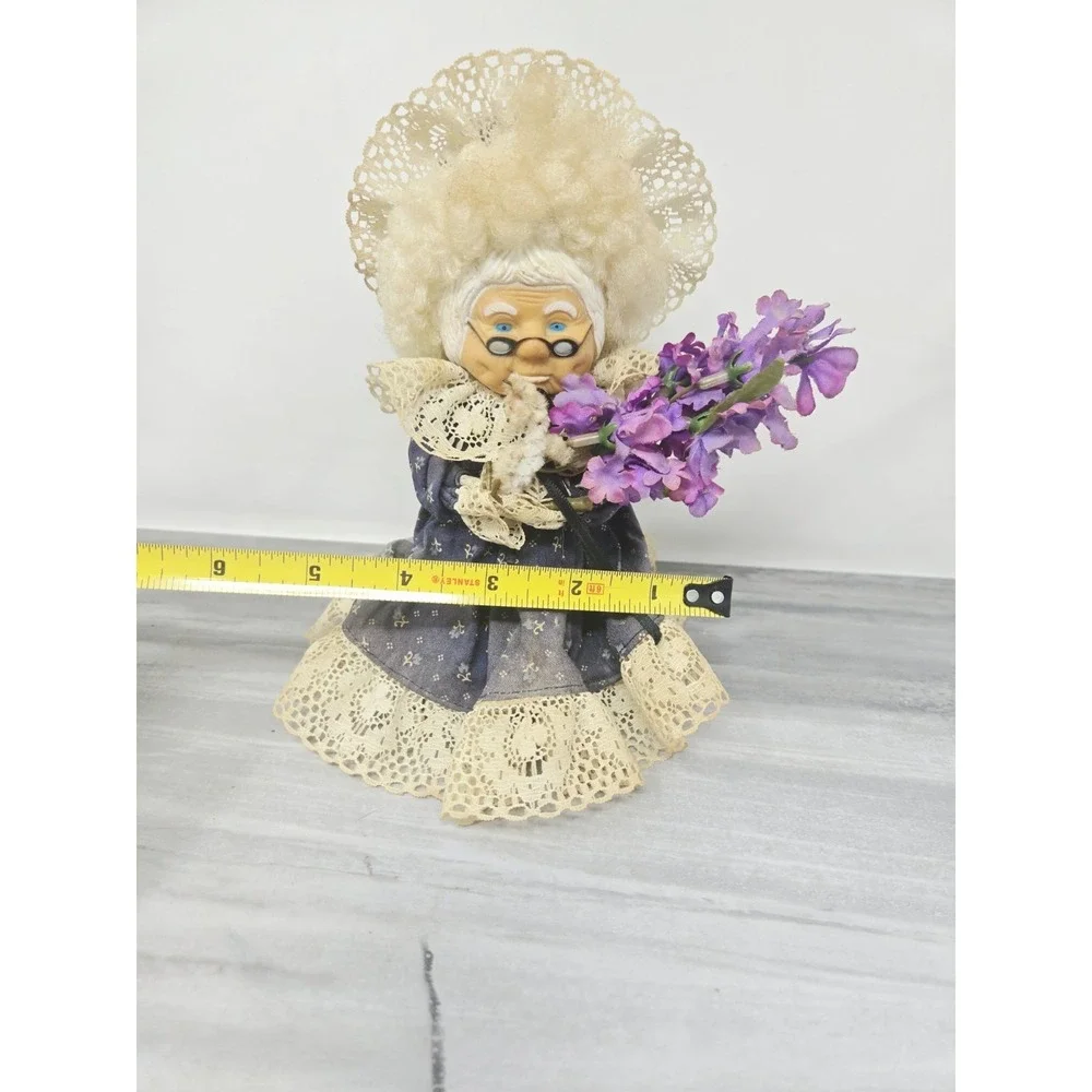 Vintage Hand Crafted Grandma Granny Doll with Lace Dress and Purple Lilac Flower